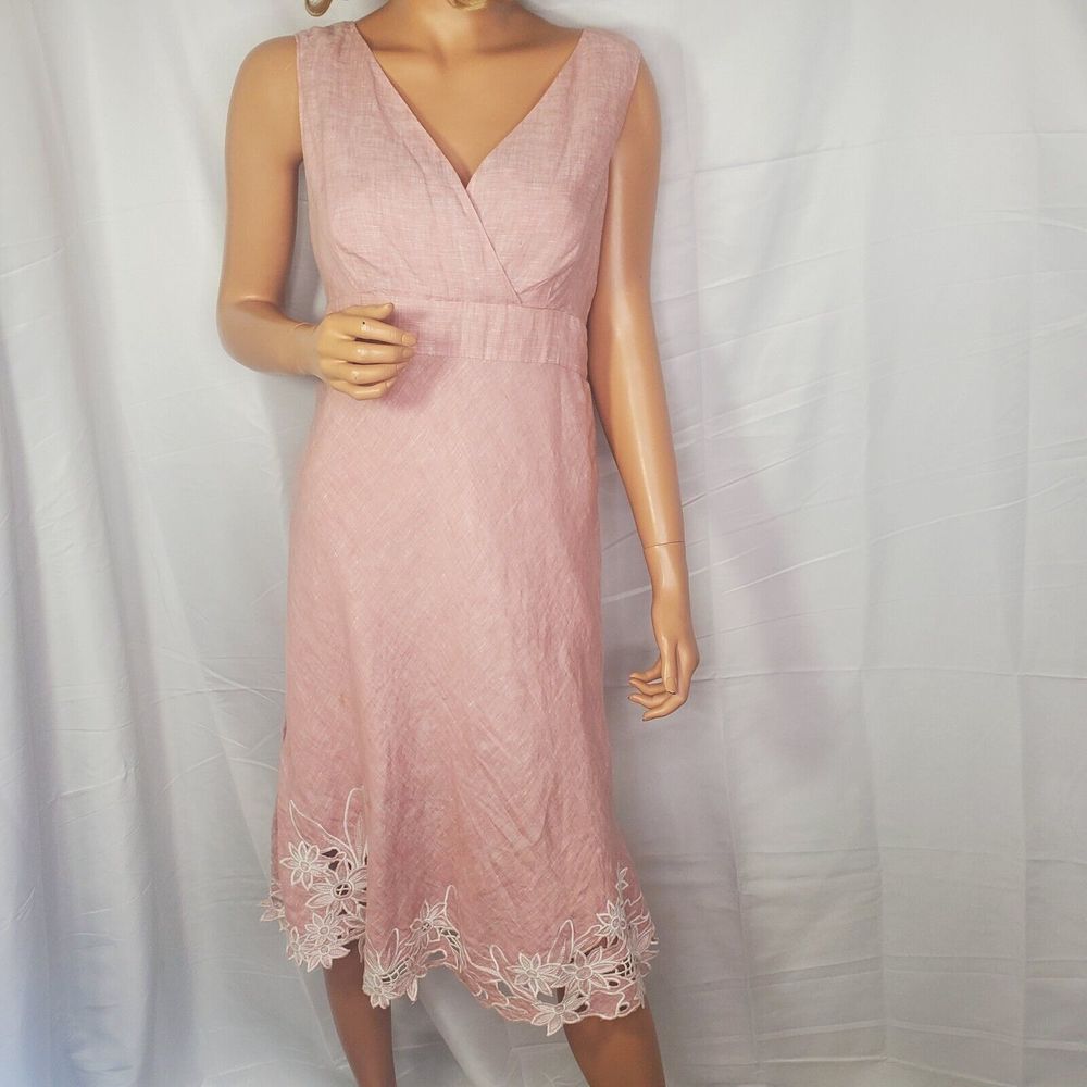 Women Eddie Bauer 100% Linen Cottagecore Crochet Trim Dress Peachie Pink Size 6